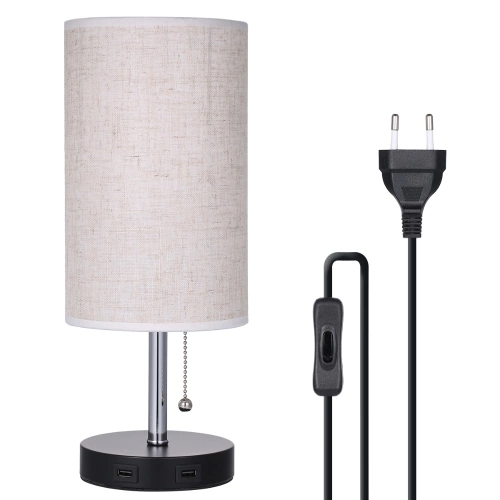 Tomshine Bedside Table Light Pulling Switch Desk Nightstand Lamp with 2 USB Charge Port Round Fabric Shade for Bedroom Living Room Office (bulb is not included)