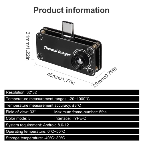 Type-C Interface 32*32 Resolution Infrared Thermal Imager Multifunction Tempreature Measurement Meter Cellphone for Android Mobilephone with OTG Function