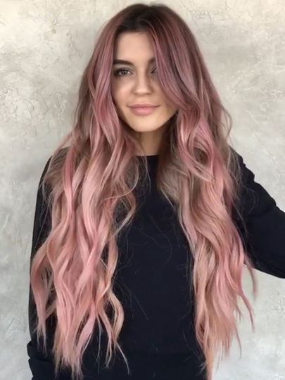 Pink Gradient Long Curly Hair High Temperature Fiber Fluffy Breathable Bangs Wigs