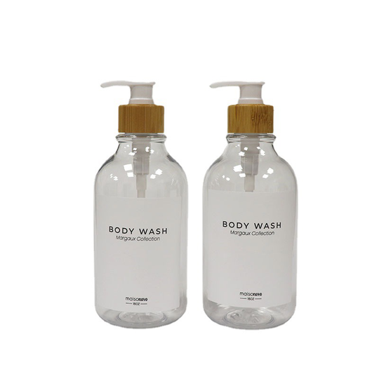 500ml transparent PET shampoo empty bottles with bamboo collar and white pump