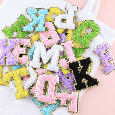 A-Z Towel English Alphabet Custom Embroidered Varsity Gold Glitter Border Iron On Chenille Letters Patches