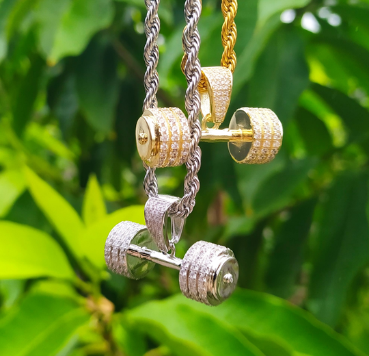 Fitness Dumbbell Pendant Necklace Hip-hop Jewelry Brass Gold Silver Plated Iced Out 3 Rows Zirconia Charm Necklace