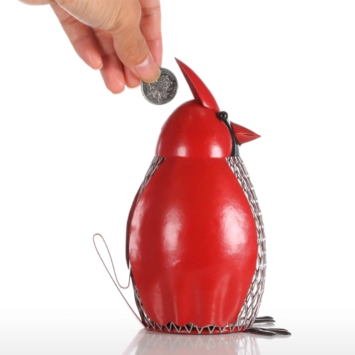 Bird Money Bank with Red Clothes Iron Handmade Bird Shape Coin Bank Practical Craft Home Decoration Gift
