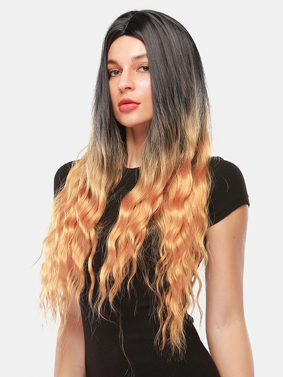 30 Inch Black Gradient Gold Long Curly Hair Fluffy Synthetic Fiber Prom Full Head Cover Wig