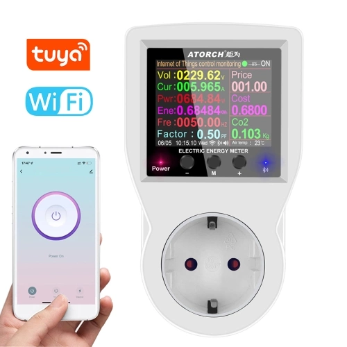 Tuya Wifi Intelligent Power Socket Electricity Power Monitor Multi-energy Monitoring Meter 2.4 inch Color Screen Mobilephone APP Remote Controlling Device
