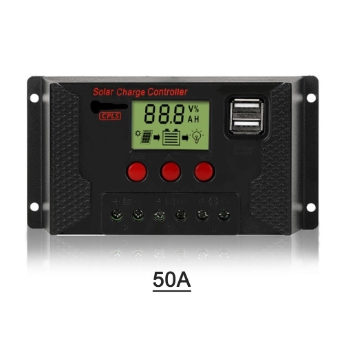 50A Solar Charge Controller, Solar Panel Controller 12V/24V Adjustable LCD Display Solar Panel Battery Regulator with Dual USB Port, Charge 3 Kinds of Batteries