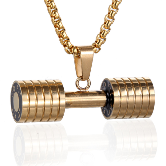 Charm Engraved Curved Stainless Steel Gold Square Dumbbell Pendant Necklace