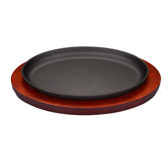 Oval Pre-seasoned Cast Iron Fajita Hot Skillet Plate Set Fry Grill Sizzling Steak Pan With Red Wooden Base
