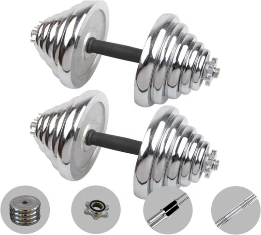 Cast iron Chromed 50kg adjustable weight dumbbell and barbell set