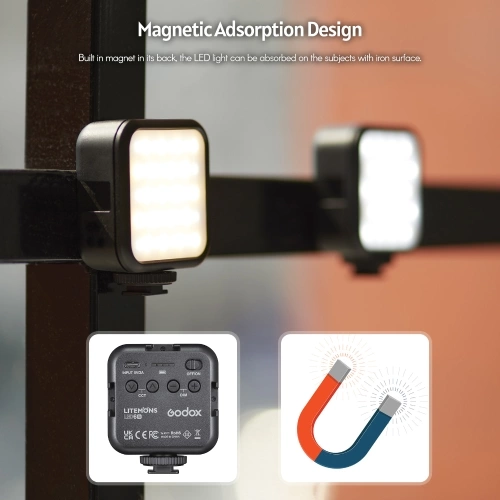 Godox LITEMONS LED6Bi Bi-color Temperature LED Video Light Rechargeable Mini Fill-in Light 3200K-6500K Dimmable Support Magnetic Adsorption with 3 Cold Shoe Mounts for Vlog Live Streaming Product Photography
