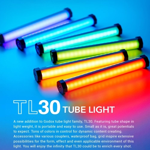 Godox TL30 Full Color RGB Tube Light Professional LED Photography Light Wand Bi-Color Temperature 2700K-6500K CRI97 TLCL99 APP/On-Board Control with Storage Bag for Professional Studio Photography Video Recording Portrait Live Stream 2PCS