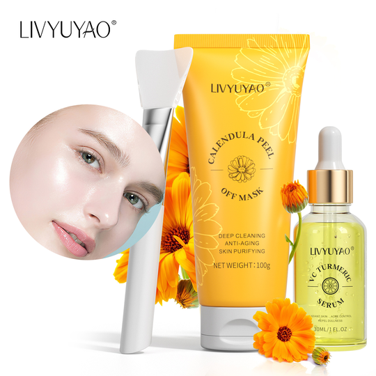 Private Label Calendula Peel Off Face Mask 3-in-1 Blackhead Remover Peel Off Mask with Vitamin C Serum & Brush