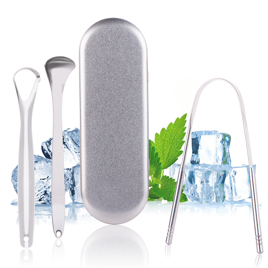 New Arrival Tongue Cleaner Reusable Tongue Scraper Clean Coating on The Tongue Stainless Steel 3 Pcs Set Iron Box and Opp Bag