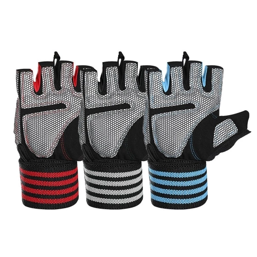Sport Gloves Anti-skid Cycling Half Finger Gloves with Long Wrist Straps Shock Absorbing Padded Weight Lifting Gloves Outdoor Breathable MTB Gloves Bicycle Mitten