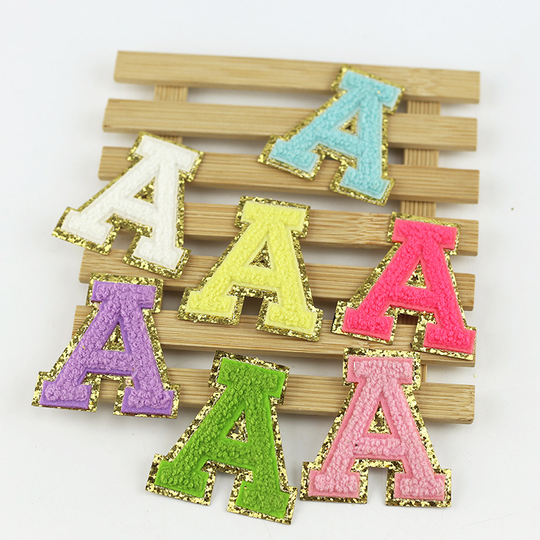 In Stock Wholesale 6.5cm Golden Border Iron On Letters Patches Clothing Chenille Letter Patch