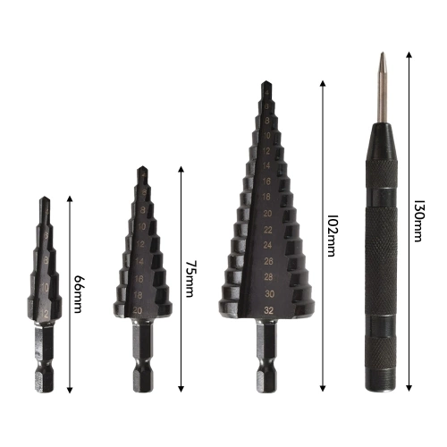 4PCS HSS Cobalt Stepped Drill Bit Set Practical Black Nitride Coated Metal Drilling Bits Kit for Thin Iron/Steel/PVC/Wood Panel