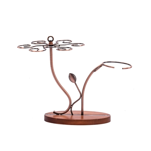 2-in-1 Red Wine Glass Rack & Wine Decanter Vintage Bronze 6 Wine Glasses Stemware Storage Display Drying Rack Stand Tabletop Free-standing Wine Glass Holder Solid Wooe Base