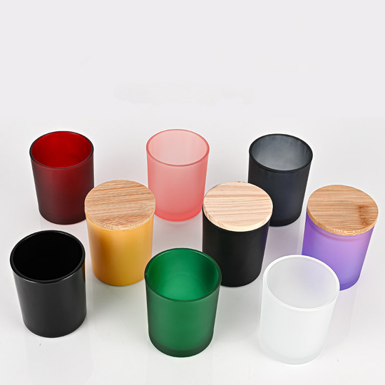 Modern colorful custom glass candle jars with bamboo wood iron covers