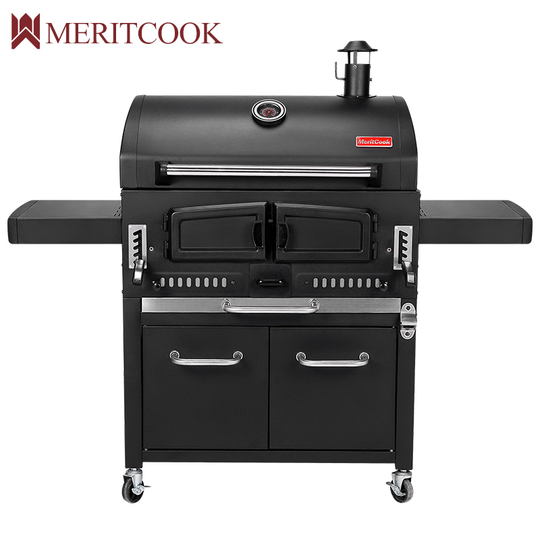 Outdoor Heavy Duty Charcoal BBQ Grills Trolley Portable Cast Iron Barbecue Grid Smoker BBQ Grill with Rotisserie and Cabinet