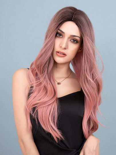 28 Inch Brown Gradient Pink Long Curly Hair Soft High Temperature Fiber Full Head Cover Wig