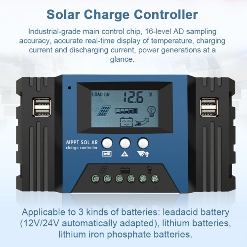 100A MPPT Solar Charge Controller 12/24V Auto Focus Solar Panel Controller Battery Intelligent Regulator with 4 USB Output Adjustable Parameter LCD Display Timer Setting