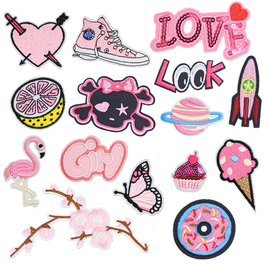 yiwu wintop bulk stock small moq iron on embroidery pink patch applique for diy scrapbooking