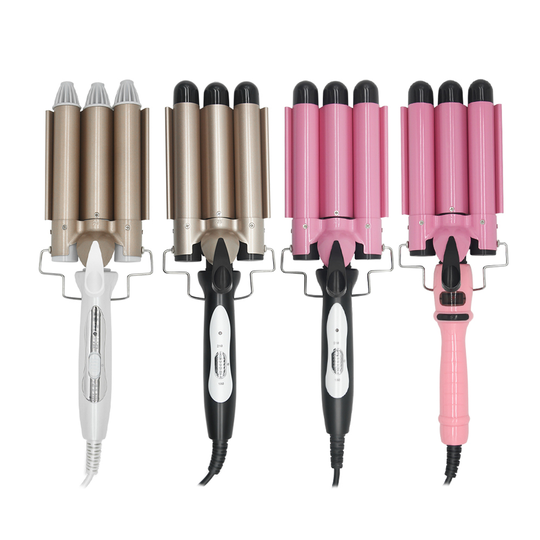 Three Barrel Curling Iron Wand with LCD Temperature Display 1 Inch Ceramic Tourmaline Triple Barrels Dual Voltage Crimp