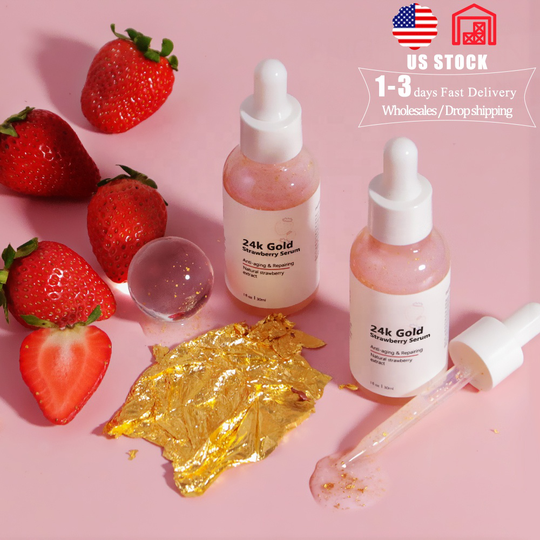 OEM Private Label Facial Skin Care Whitening Moisturizing Natural Vitamin C Strawberry 24K Gold Face Serum