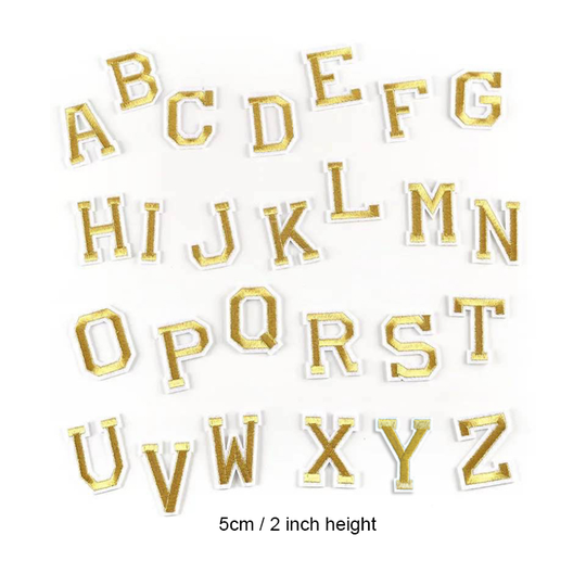 good quality hot sale 5cm 2 inch silver gold color iron on embroidery alphabet patch for clothes clothing