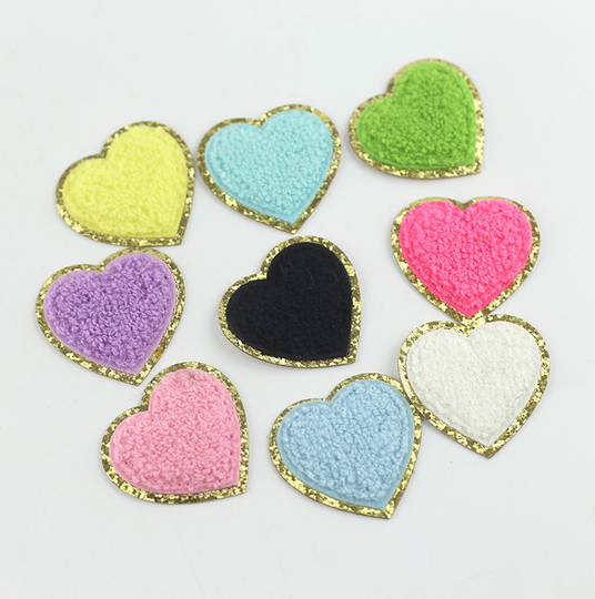 Wholesale Iron On chenille embroidered heart patches with gold glitter 9 color available for clothing bag and DIY accessories