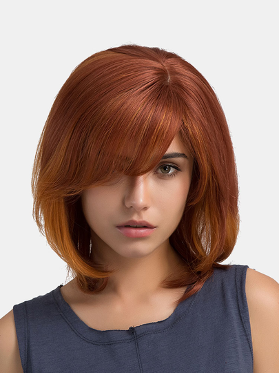 36cm Orange Short Straight Bob Virgin Remy Side Bang Mono Top Capless Human Hair Wig