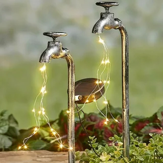 Iron Solar Faucet Shaped Water Lamp Outdoor Garden solar Lights Decoration Set of 2