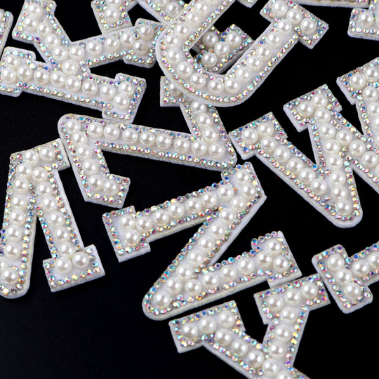 Iron On Custom Designer Logo Beaded Letter Bling Patch Diamond Pearl and Luxury Hotfix Rhinestone Shoulder Patches Applique