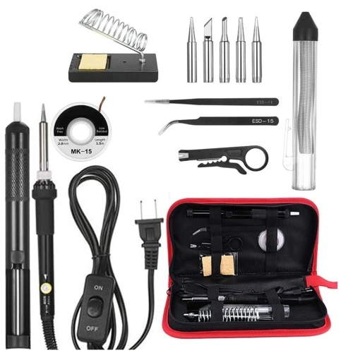 14 in 1 Soldering Iron Kit 60W Adjustable Temperature Welding Soldering Iron with ON/OFF Switch 5pcs Soldering Tips Solder Sucker Desoldering Wick Solder Wire Anti-static Tweezers Iron Stand with Cleaning Sponge Zipper Tool Pouch Organizer