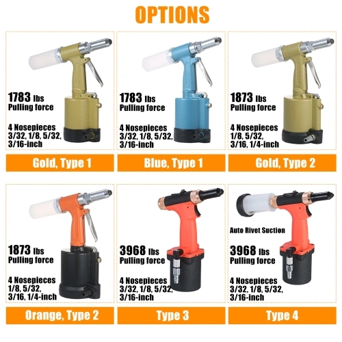 Industrial Pneumatic Rivet Gun Heavy Duty Air Riveter Air Rivet Gun Self-plugging Riveting Tool with 4 Nosepieces for Pulling 1/8-inch, 5/32-inch, 3/16-inch, 1/4-inch Iron/Aluminum/Stainless Steel Rivets