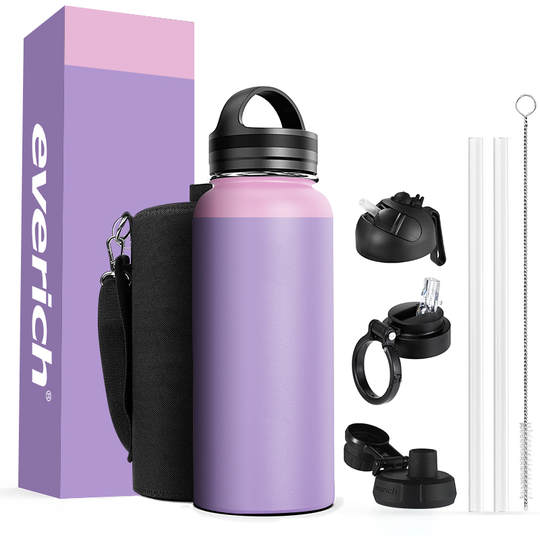 Flask Sports Water Bottle - 32 Oz 3 Lids (Straw Lid) Leak Proof Iron Vacuum Insulated Stainless Steel Double Walled Thermo