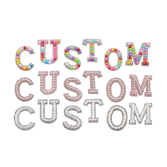 Amazon Sales Custom Iron On Pearl Word Alphabet Patches Rhinestone Pearl Letter Patch
