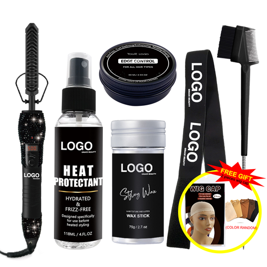 Electric Hot Comb Hair Straightener Curling Iron Wth Heat Protectant Spray Rat Tail Comb Wax Stick for Natural Black Hair Wig