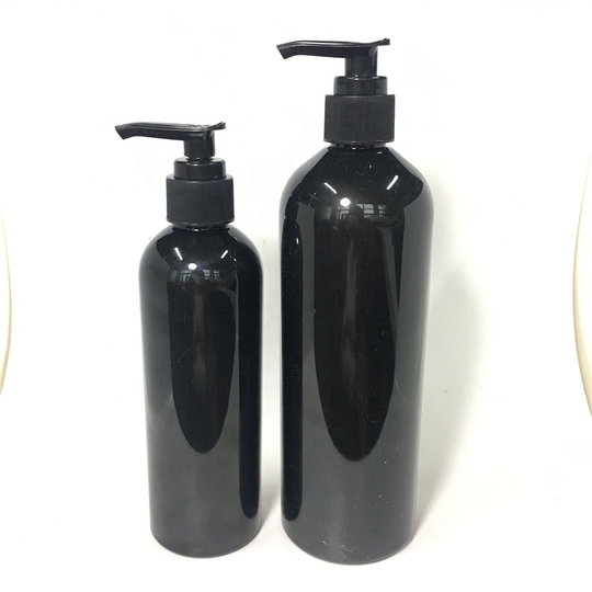 250ml 500ml PET plastic black shampoo pump boston bottle with Black Pumphair plastic shampoo bottle