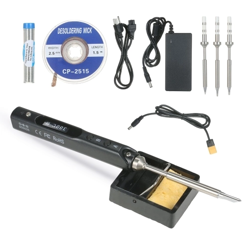 SEQURE Mini Electric Soldering Iron with LED Digital Display Intelligent Soldering Iron Kit with 19V Power Supply Adapter and 4 Iron Heads Black EU Plug