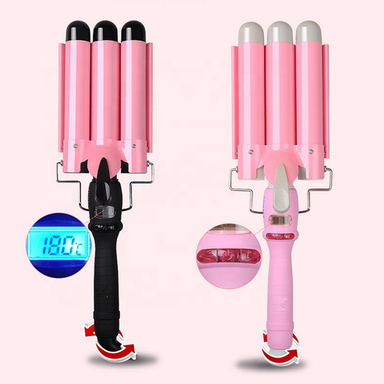 Top Selling LCD Temp Display Hair Crimper 3 Barrel Curling Iron Wand Dual Voltage Cordless Hair Curler For Home Use