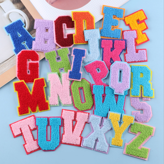 hot sale 7.1cm height lovely colored iron on letter alphabet towel chenille patches for hoodies coat