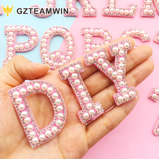 A-Z Pink Pearl iron on patches letters Rhinestone Patch Applique For Clothes Iron On Patches Stripe Badge DIY Name