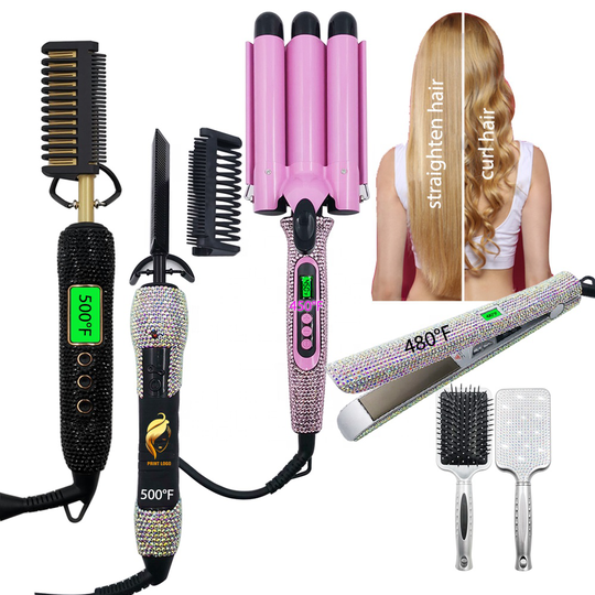 New 500 F Fast Heat Bling Rhinestone Anti-Scald Hair Straighten Iron Flat 3 Barrel Curling Crimp Electric Hot Hair Styling Comb