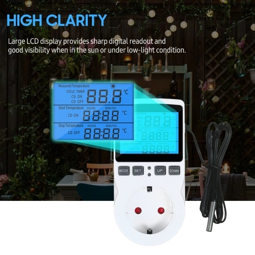 Digital Thermostat Controller LCD Thermostat Outlet Plug Heating Cooling Control for Terrarium Aquarium Reptiles Temperature Controlled Outlet Socket with Timer and Probe for Greenhouse Seed Germination Incubator Reptile Terrarium Refrigerator