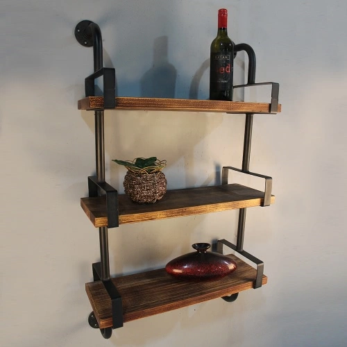 iKayaa 3-Tier Rustic Industrial Iron Pipe Wall Shelves W/ Wood Planks DIY Ladder Bookcase Storage Floating Shelf for Bathroom Kitchen