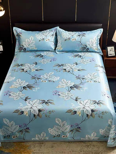 3Pcs Floral Pattern Washable Air Conditioning Silk Quilt Mat Kit Summer Foldable Ice Silk Mat