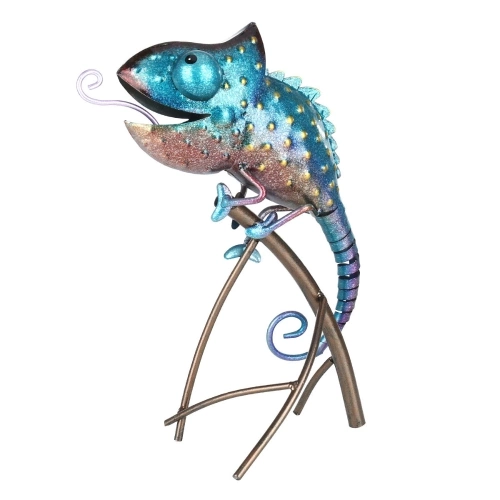 Tooarts Chameleon Sculpture Iron Animal Ornament Wild Animal Style Indoor or Outdoor Decoration Chameleon Lovers' Gift Blue