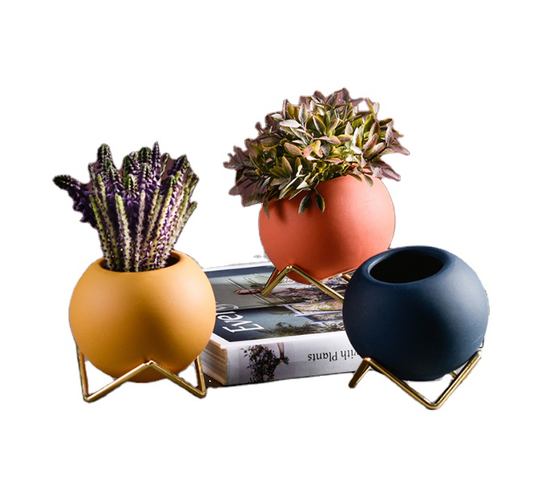 design Nordic home small flowerpot table modern Decoration ornament simulation flower mini device ball iron base ceramic Vase