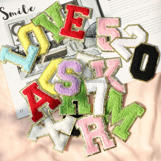2022 HONOUR ME Iron Patch 26 Alphabets Cloth Fabric Letter Embroidery Patches Custom Leather Logo Chenille Letter Patch